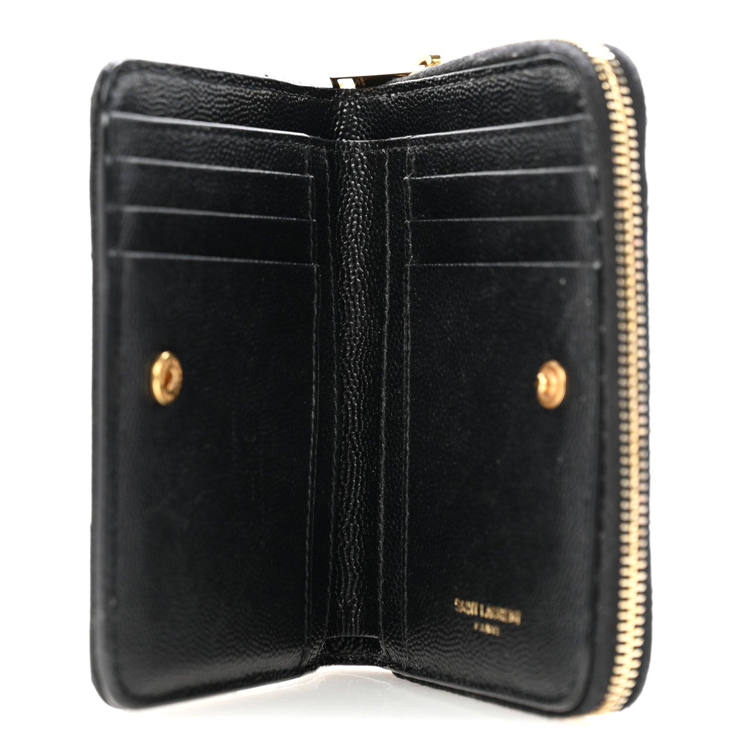 Saint Laurent Grain De Poudre Matelasse Chevron Monogram Compact Zip Around Wallet Black 5 of 10