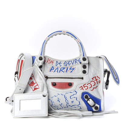 Balenciaga Agneau Graffiti All Over Classic Hardware Mini City White Bleu Rouge 1 of 9