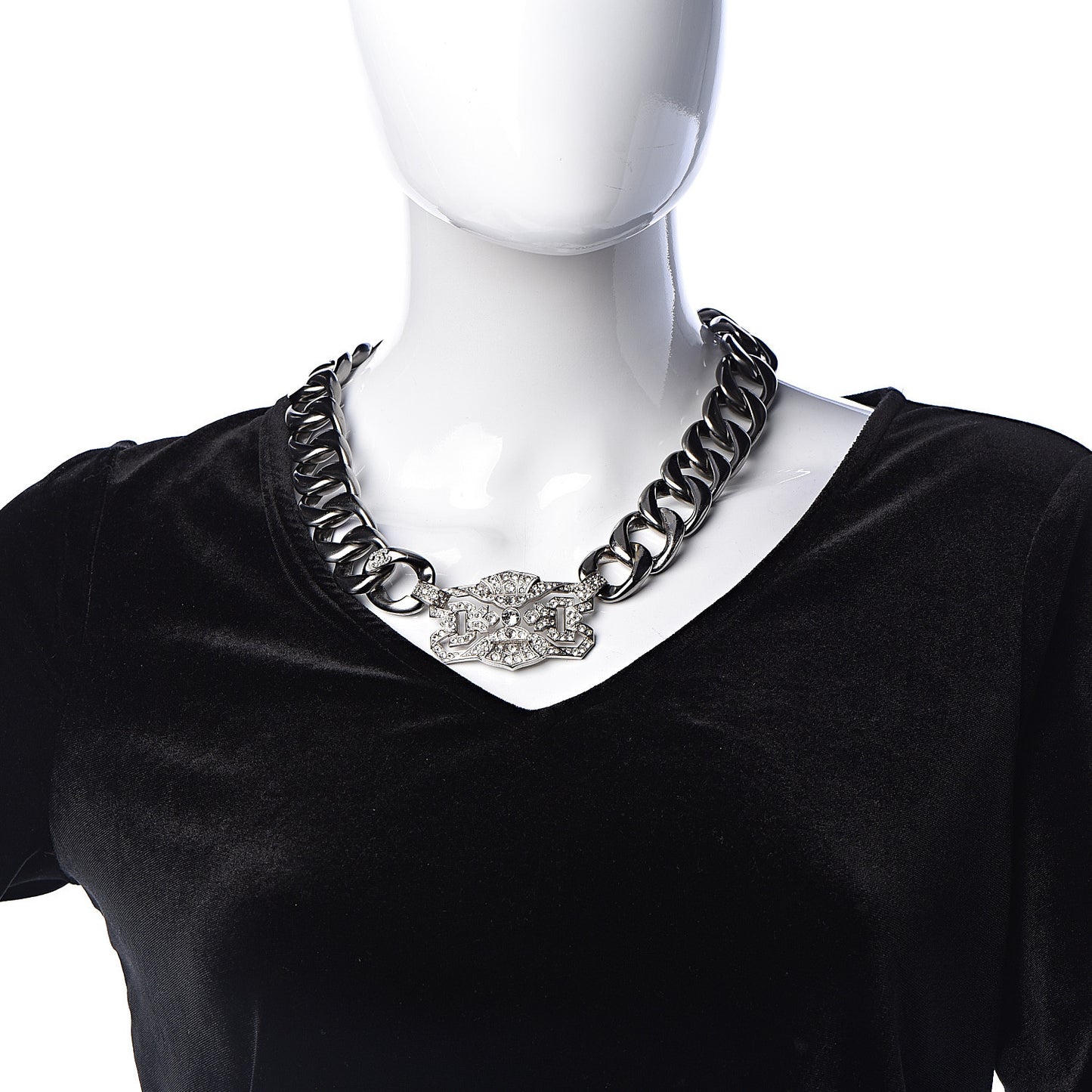 Crystal CC Chain Link Choker Necklace Dark Silver