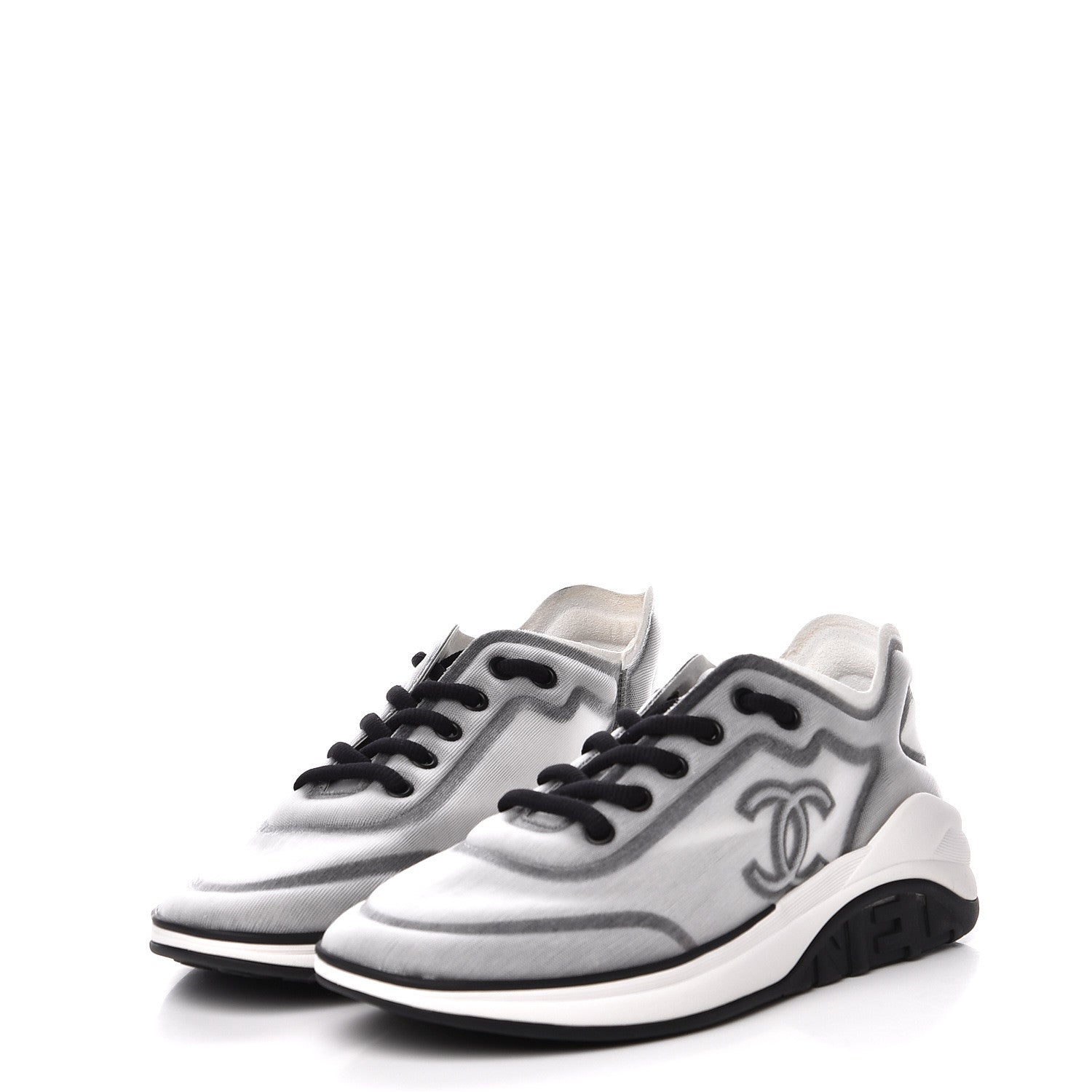 Chanel Calfskin Mesh Lycra Womens Logo Sneakers 38.5 White Black 2 of 10
