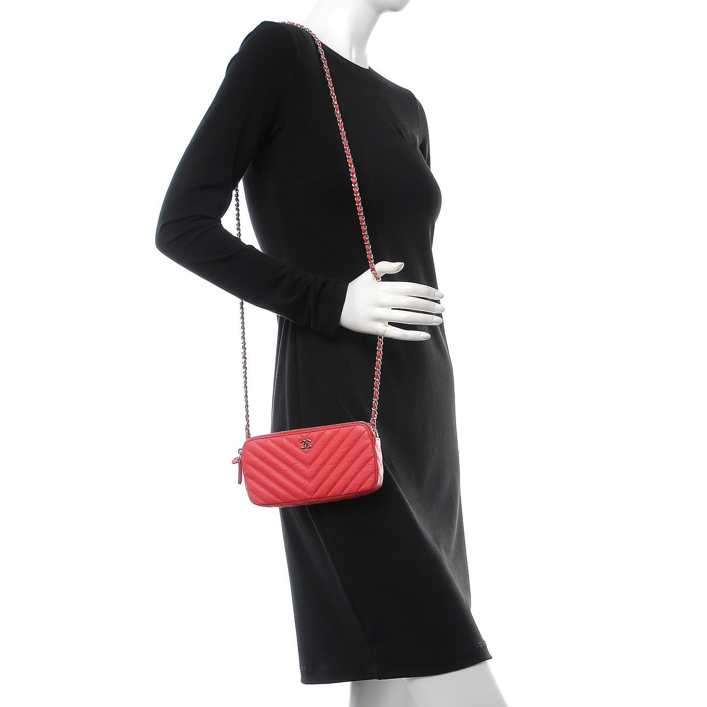Caviar Chevron Quilted Small Clutch With Chain Light Red