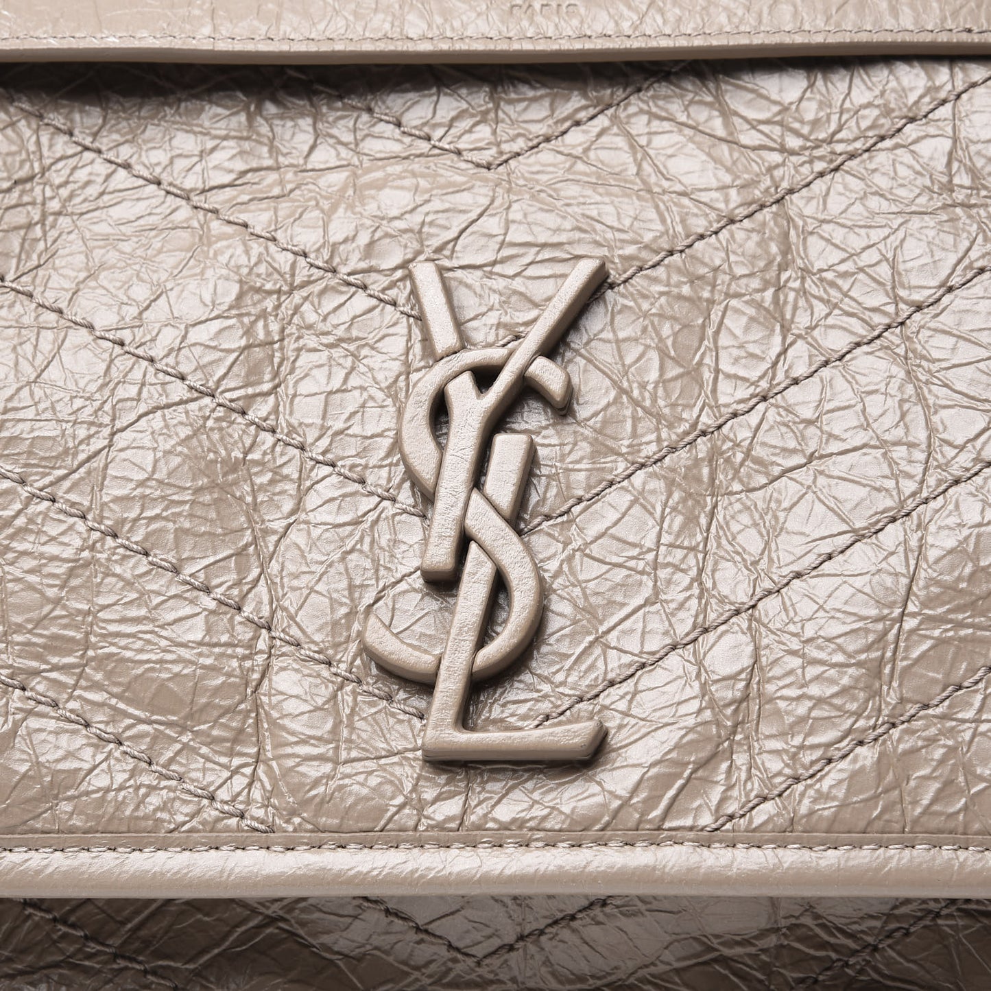 Crinkled Calfskin Matelasse Monogram Medium Niki Chain Satchel Taupe
