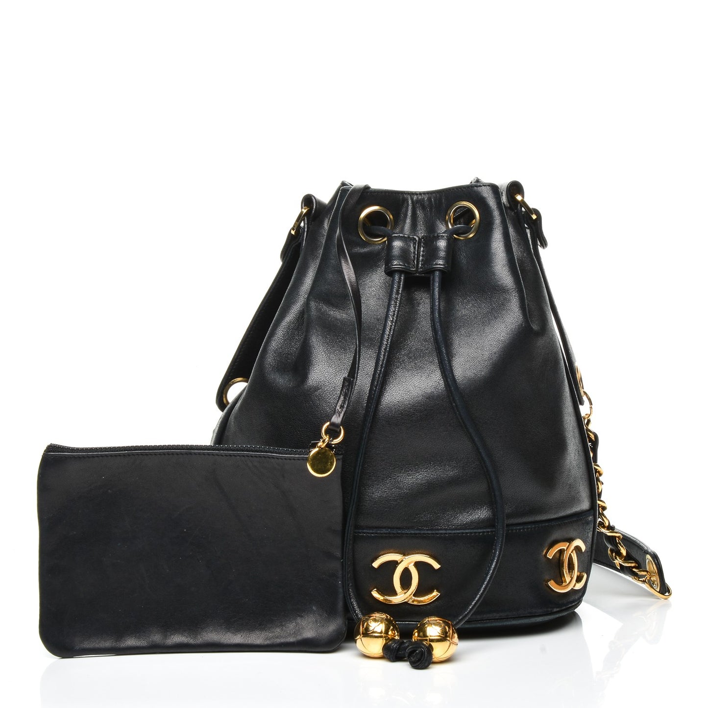 Lambskin CC Drawstring Shoulder Bag Black
