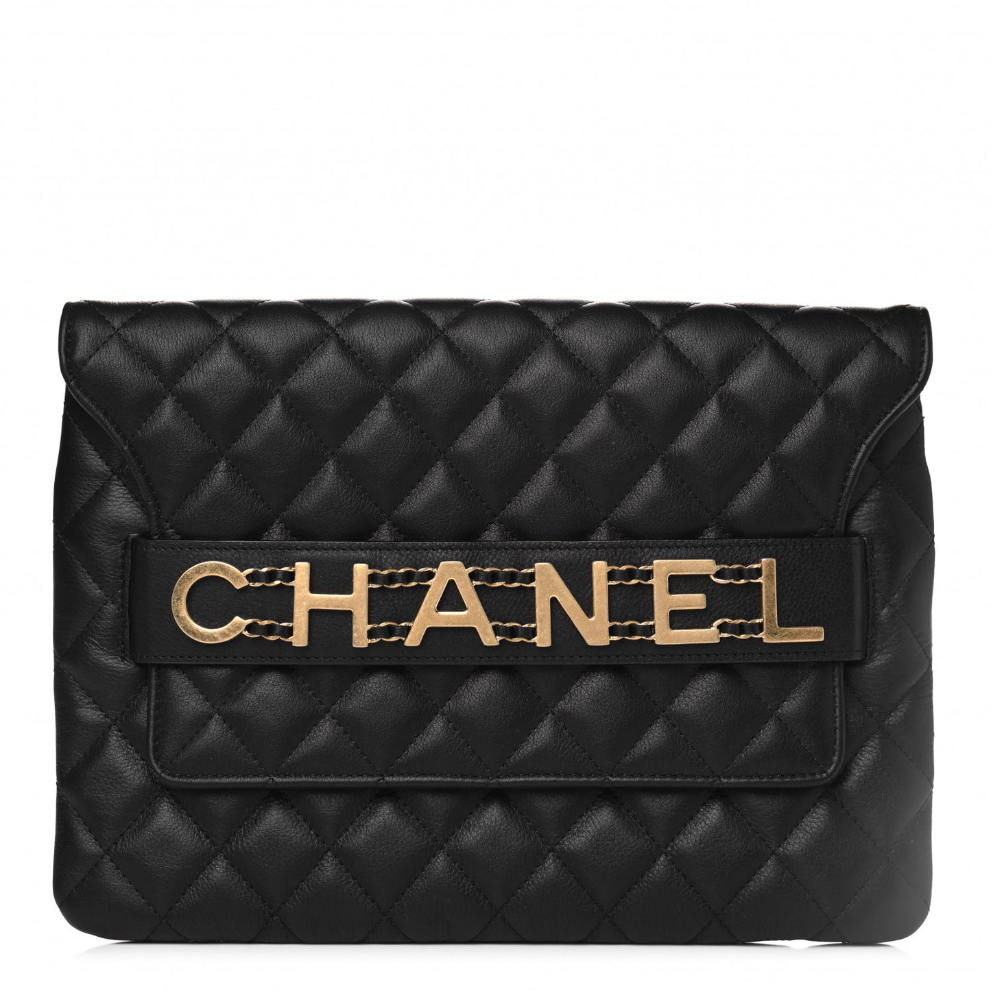 Calfskin Quilted Front Logo Enchained Clutch Black