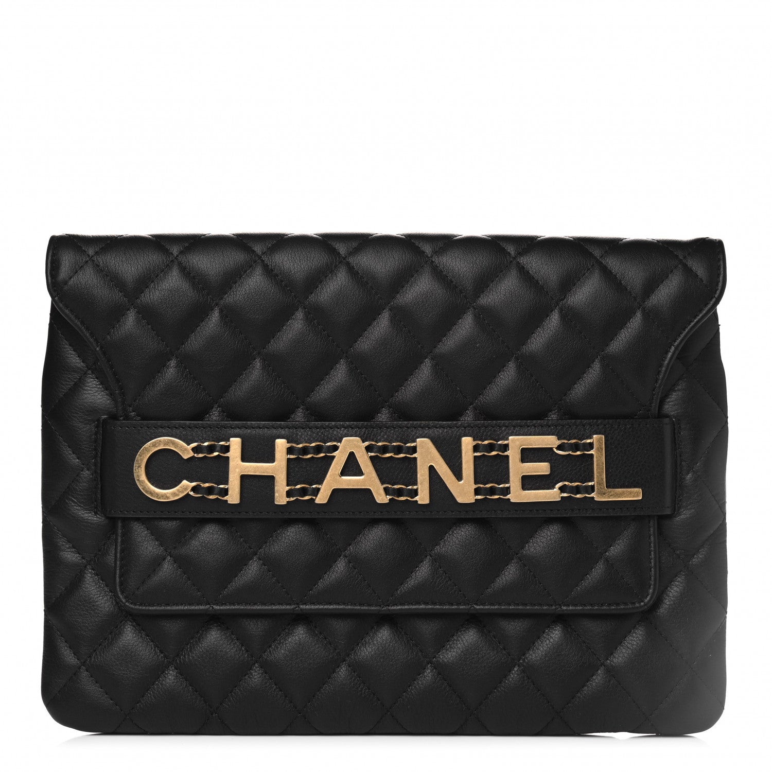 Chanel Calfskin Quilted Front Logo Enchained Clutch Black 1 of 5