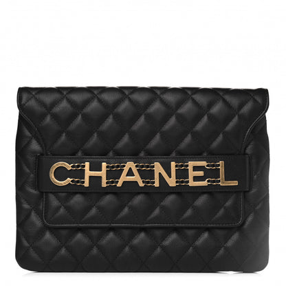 Chanel Calfskin Quilted Front Logo Enchained Clutch Black 1 of 5