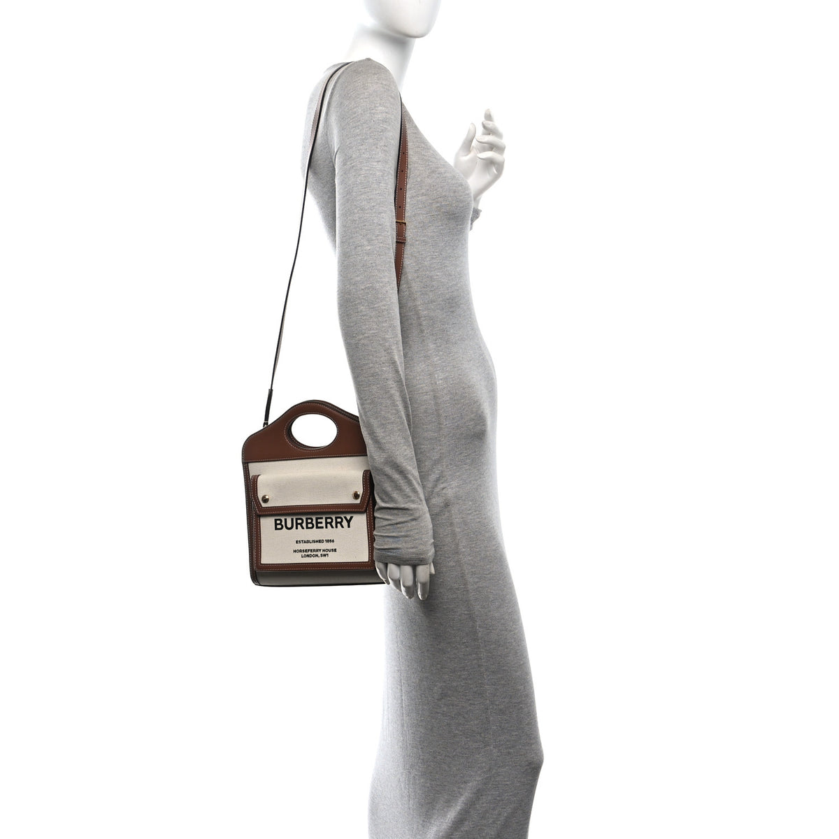 Burberry Canvas Smooth Calfskin Two Tone Mini Pocket Bag Natural Malt Brown 2 of 10