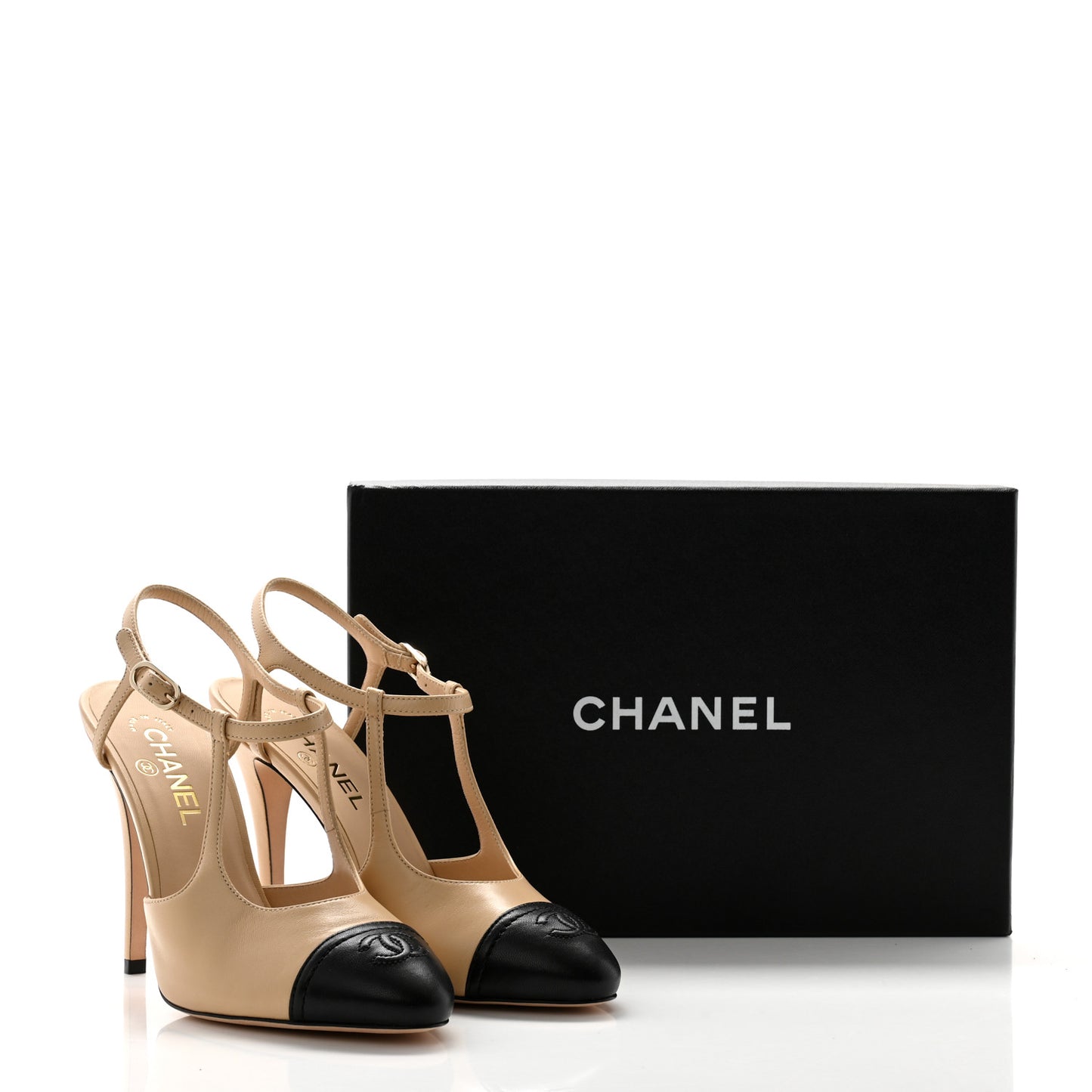 Lambskin Cap Toe CC Slingback Pumps 39 Beige Black