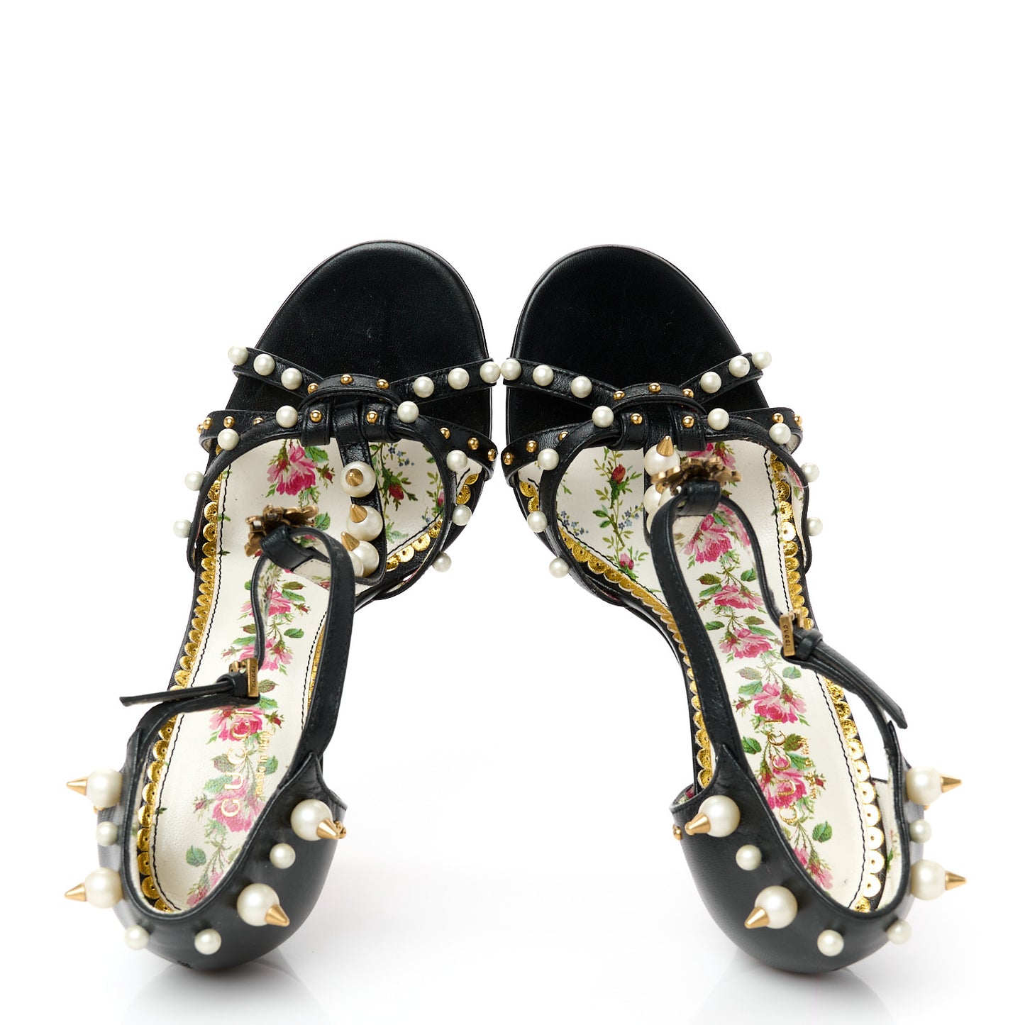 Calfskin Pearl Studded Regina T-Strap High Heel Sandals 35.5 Black