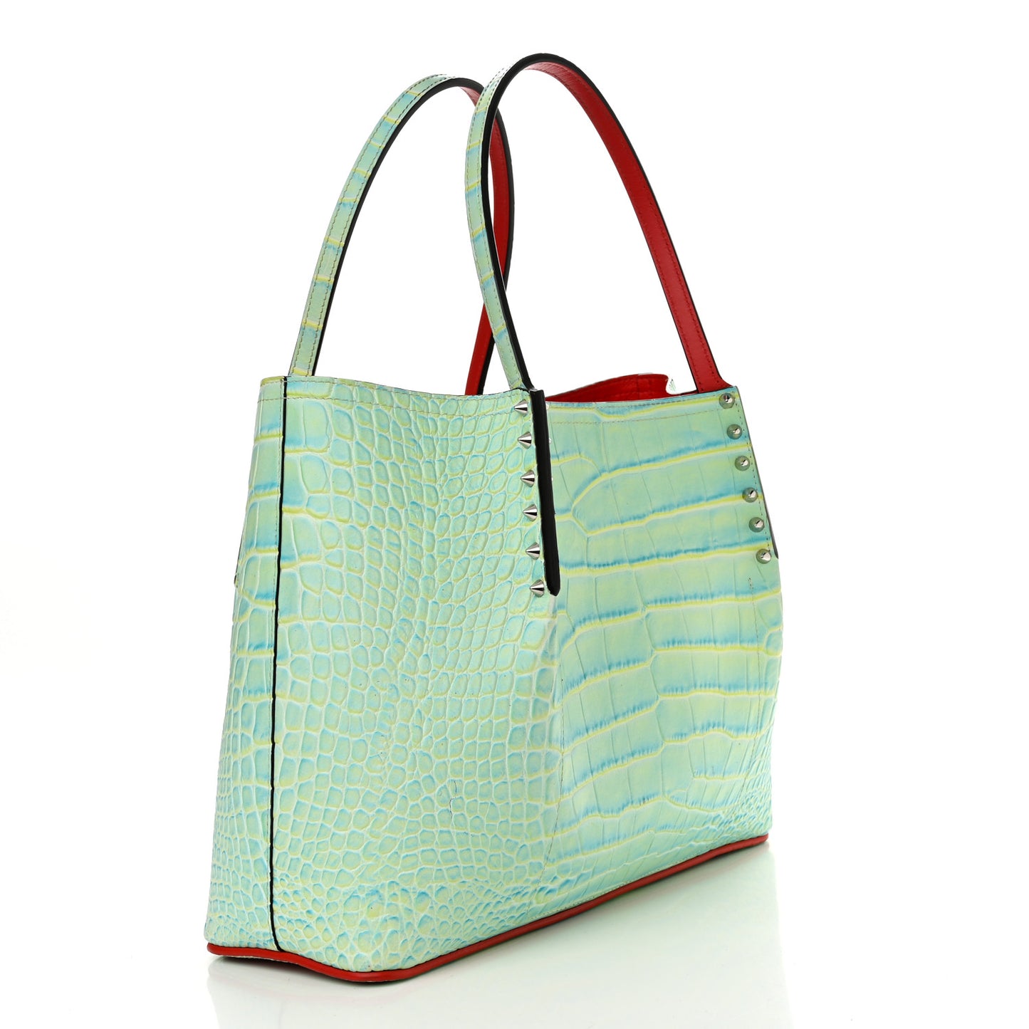 Crocodile Embossed Calfskin Spiked Small Cabarock Shopper Tote Studio Green