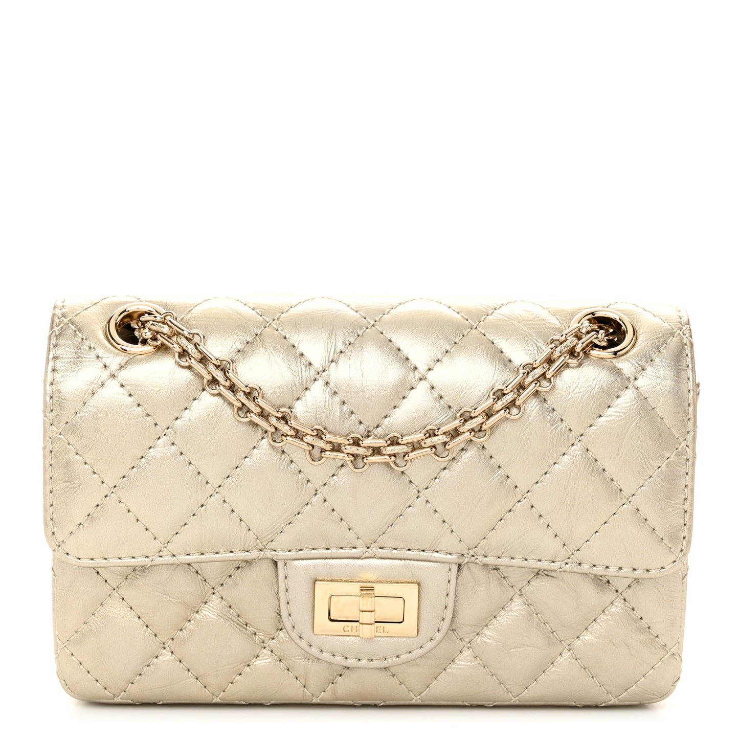 Metallic Aged Calfskin Quilted 2.55 Reissue Mini Flap Light Gold