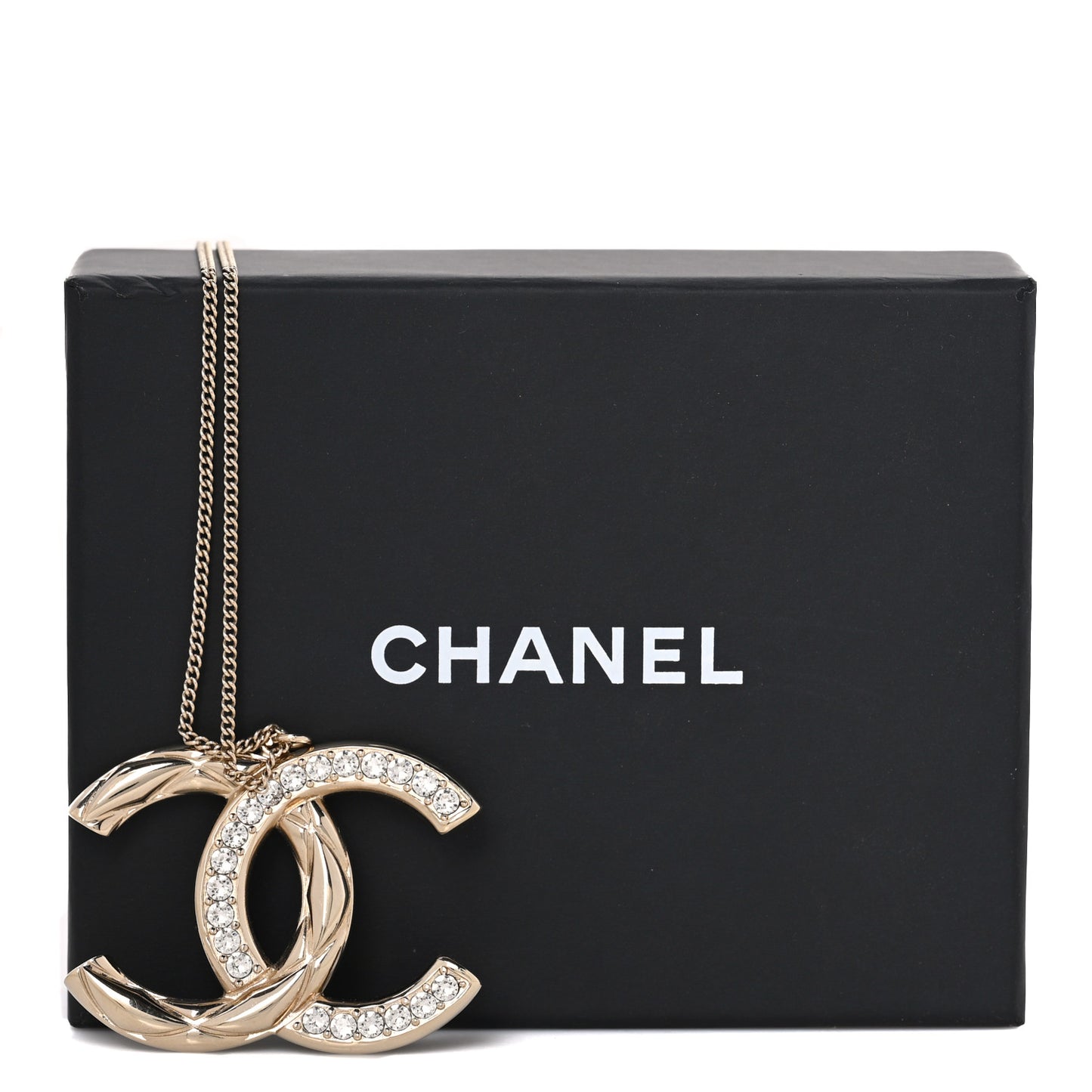 Crystal Metal Quilted CC Pendant Necklace Gold