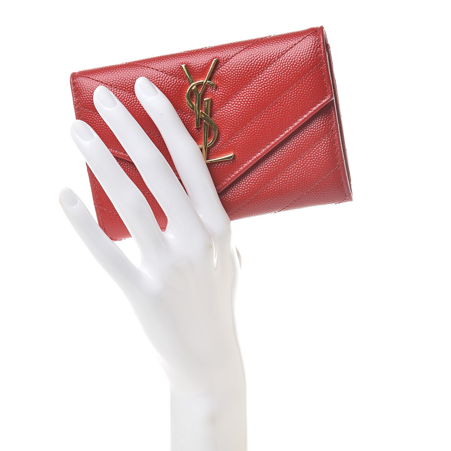 Saint Laurent Grain De Poudre Matelasse Chevron Small Monogram Envelope Wallet Rouge Eros 2 of 8