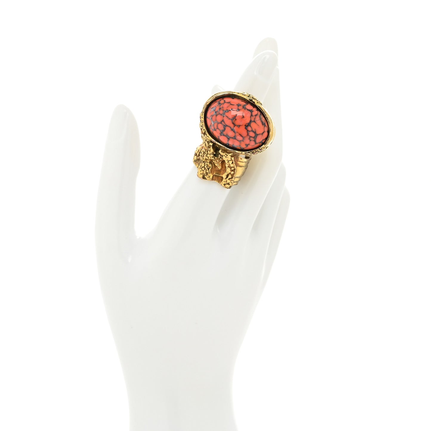 Glass Cabochon Arty Ovale Ring 7 Gold Coral