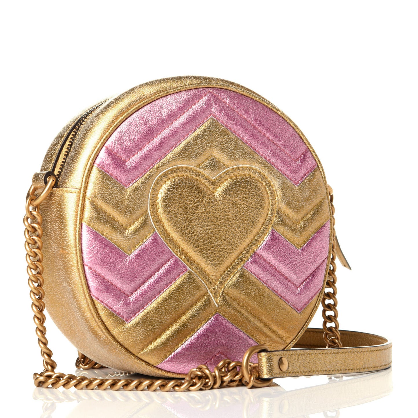 Metallic Calfskin Matelasse Mini GG Marmont Round Shoulder Bag Gold Pink
