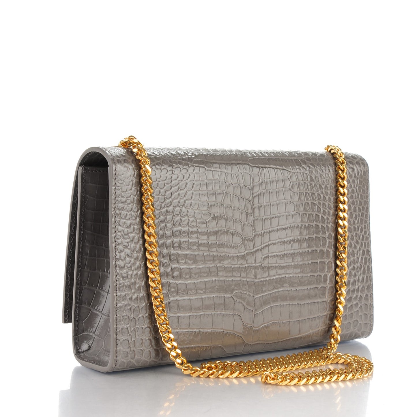 Calfskin Crocodile Embossed Medium Classic Monogram Kate Tassel Satchel Fog