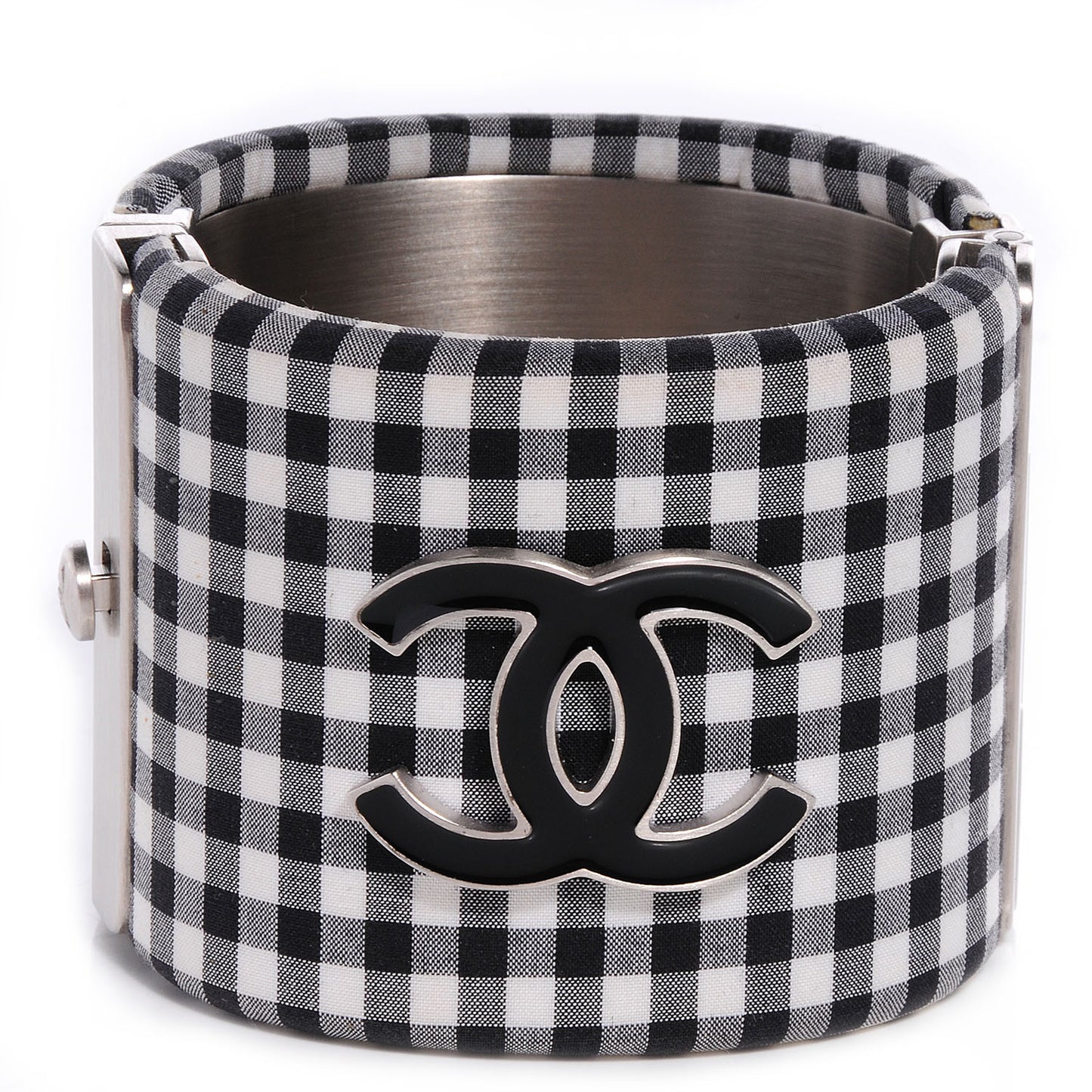 Fabric Metal Enamel Gingham CC Cuff Black White