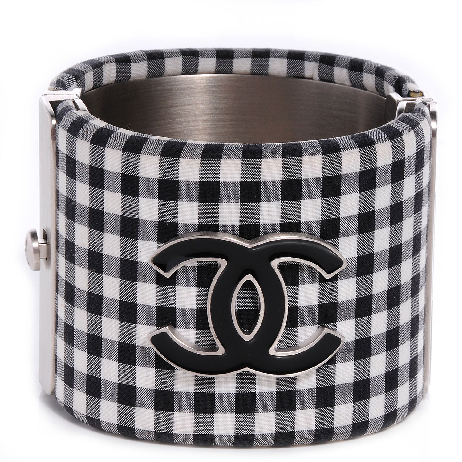 Chanel Fabric Metal Enamel Gingham CC Cuff Black White 1 of 5