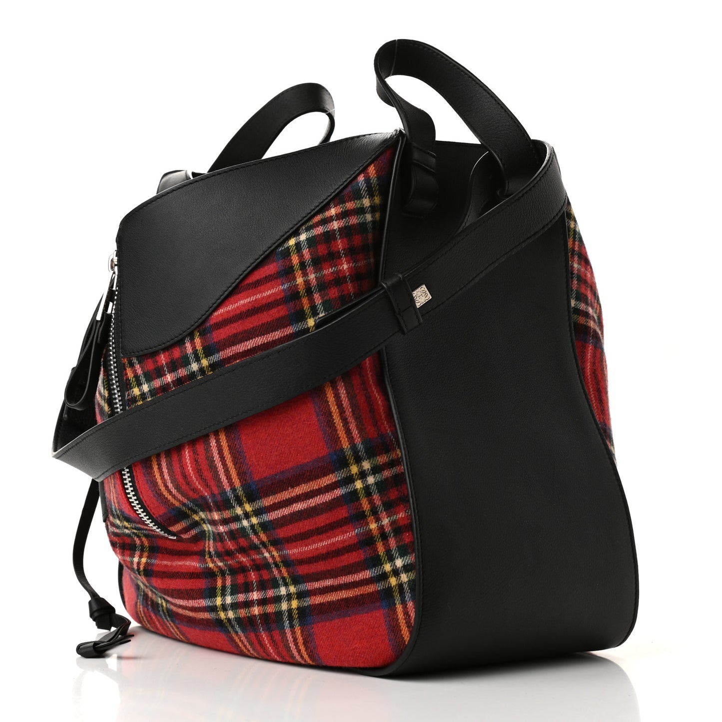 Wool Calfskin Medium Hammock Shoulder Bag Black Red Tartan