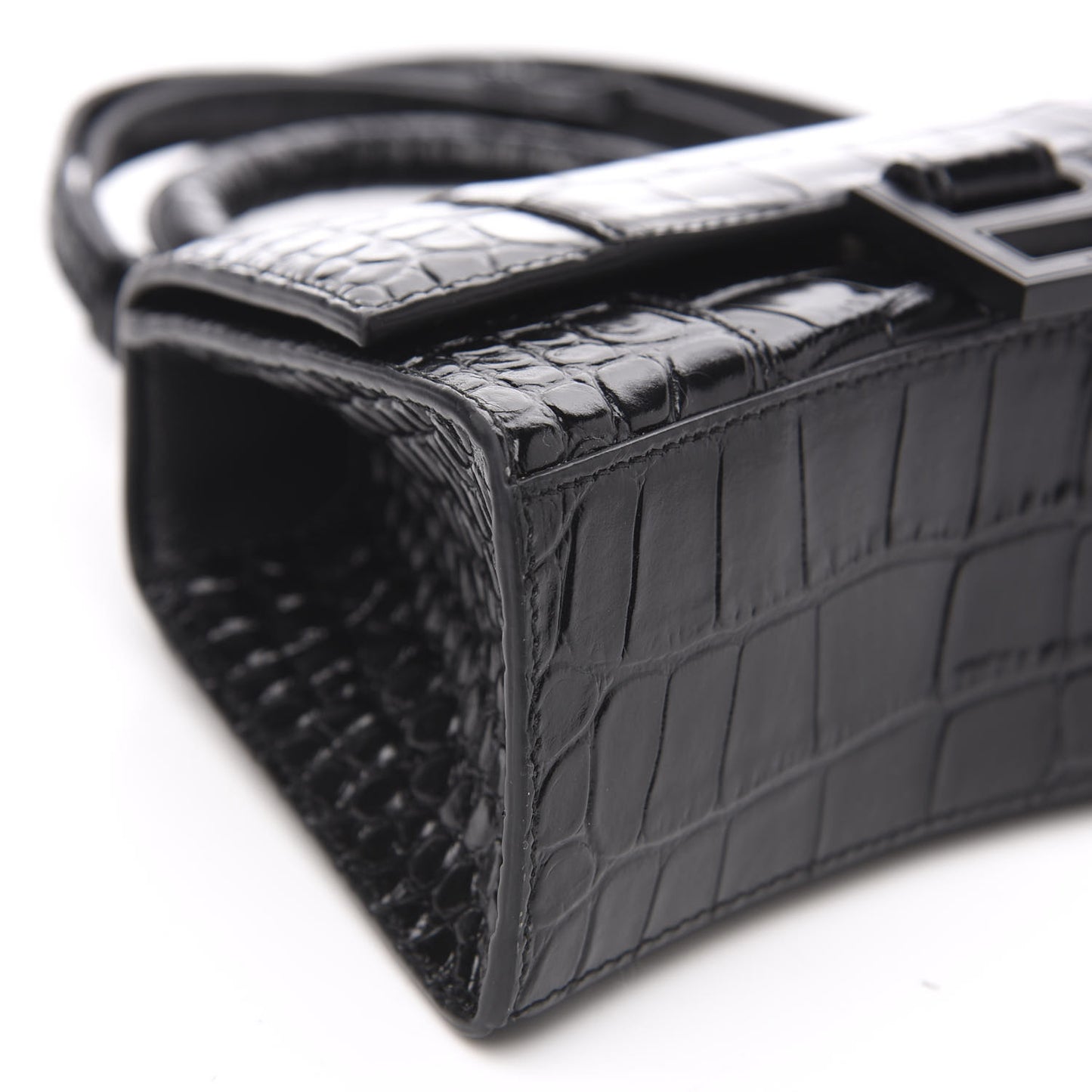 Shiny Calfskin Monochrome Crocodile Embossed Hourglass Top Handle Bag XS Black