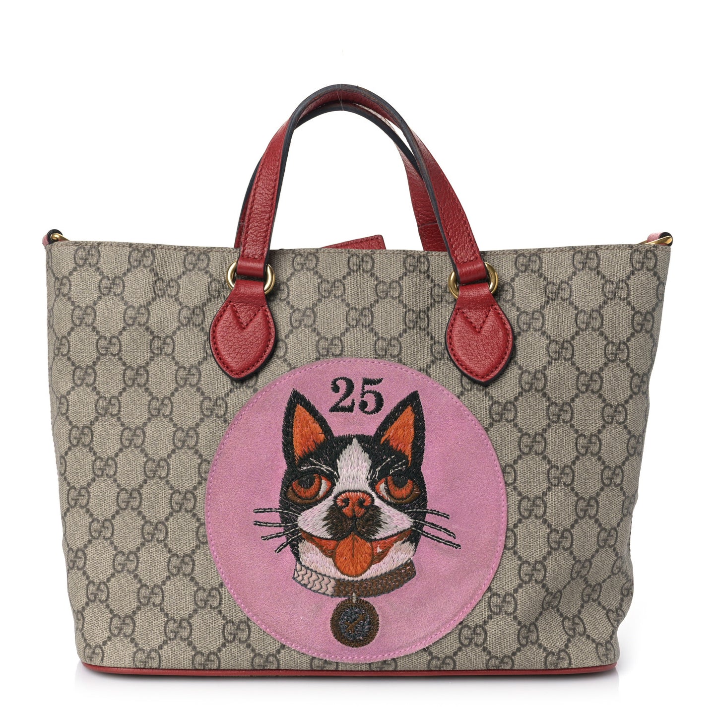 Soft GG Supreme Monogram Web Bosco Patch Small Crossbody Tote Beige Malva Hibiscus Red