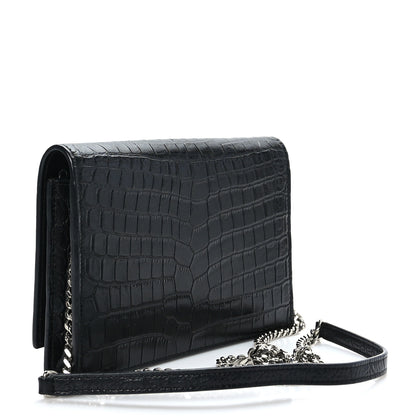 Saint Laurent Calfskin Crocodile Embossed Kate Monogram Tassel Chain Wallet Black 3 of 8