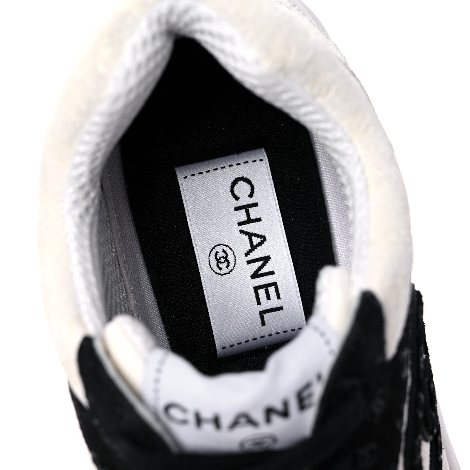 Chanel Suede Calfskin Womens CC Printed Sneakers 37.5 White Black 8 of 9