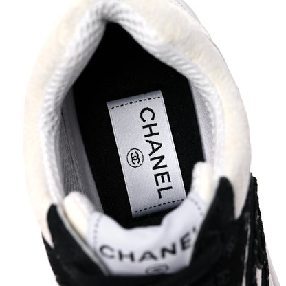 Chanel Suede Calfskin Womens CC Printed Sneakers 37.5 White Black 8 of 9