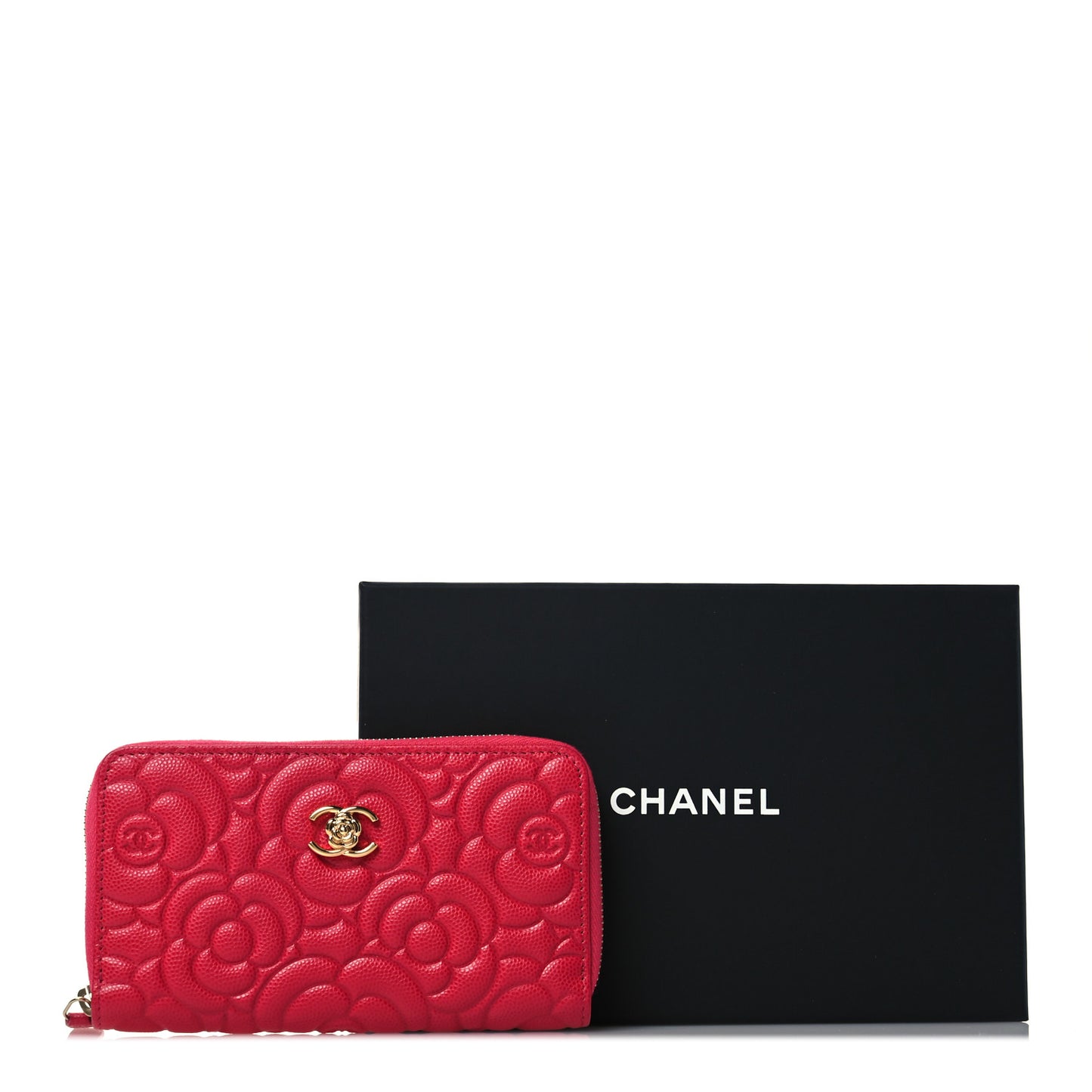 Caviar Camellia Embossed Medium Zip Around Wallet Fuchsia