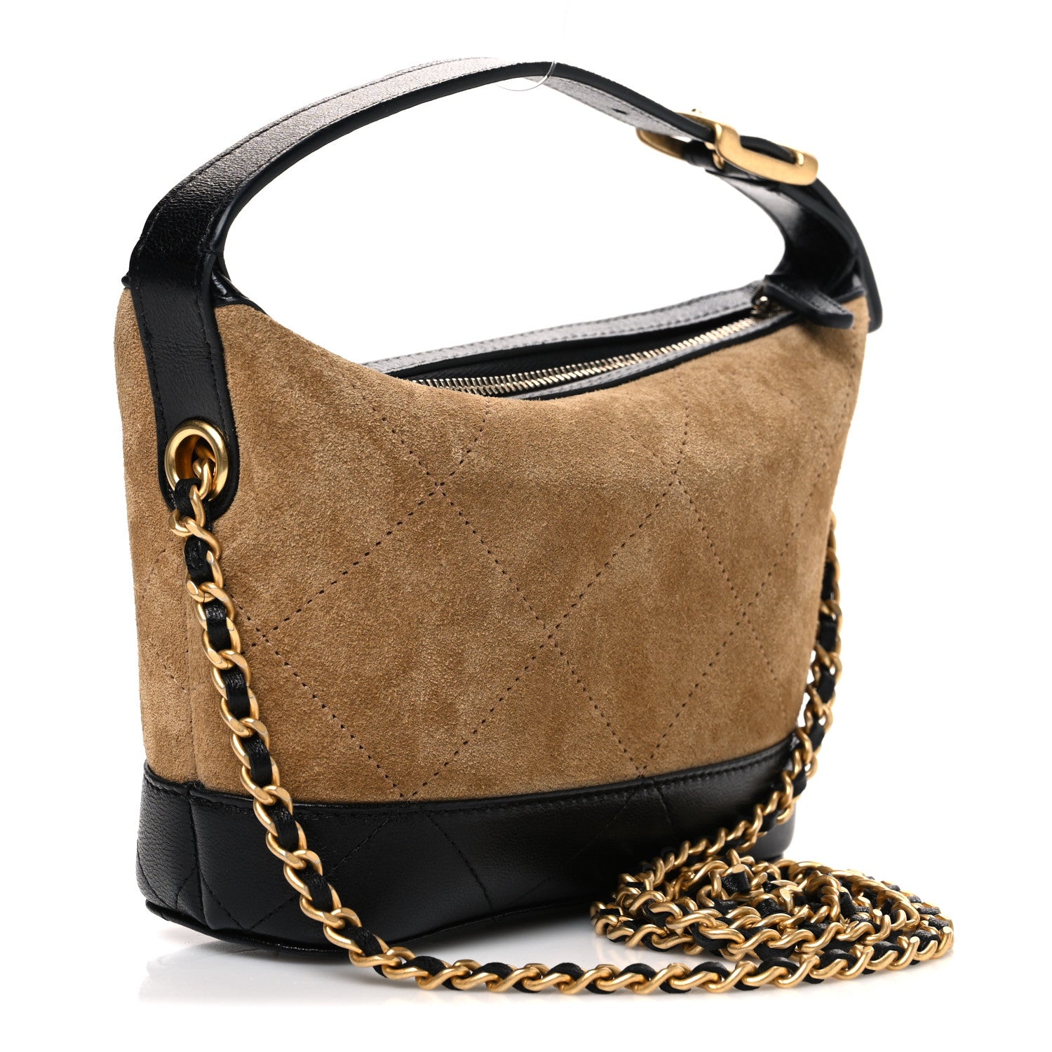 Chanel Suede Calfskin Shiny Lambskin Quilted Coco Base Hobo Clutch With Chain Beige Black 3 of 10