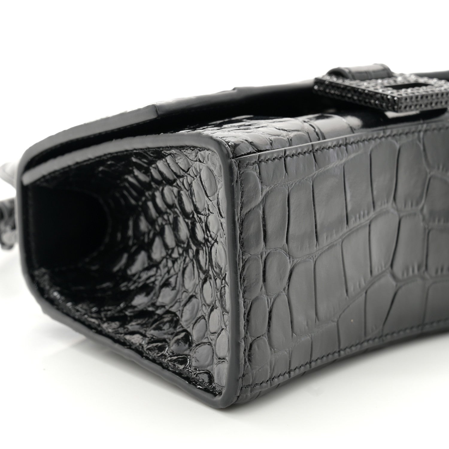 Balenciaga Shiny Calfskin Strass Monochrome Crocodile Embossed Hourglass Top Handle Bag XS Black 8 of 9
