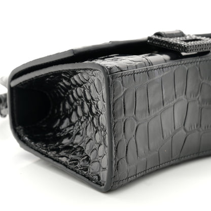 Balenciaga Shiny Calfskin Strass Monochrome Crocodile Embossed Hourglass Top Handle Bag XS Black 8 of 9