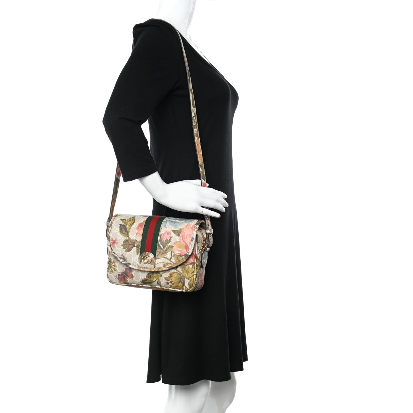 GG Supreme Monogram Water Flora Web Studded Mini Ophidia Flap Shoulder Bag Beige White Multicolor