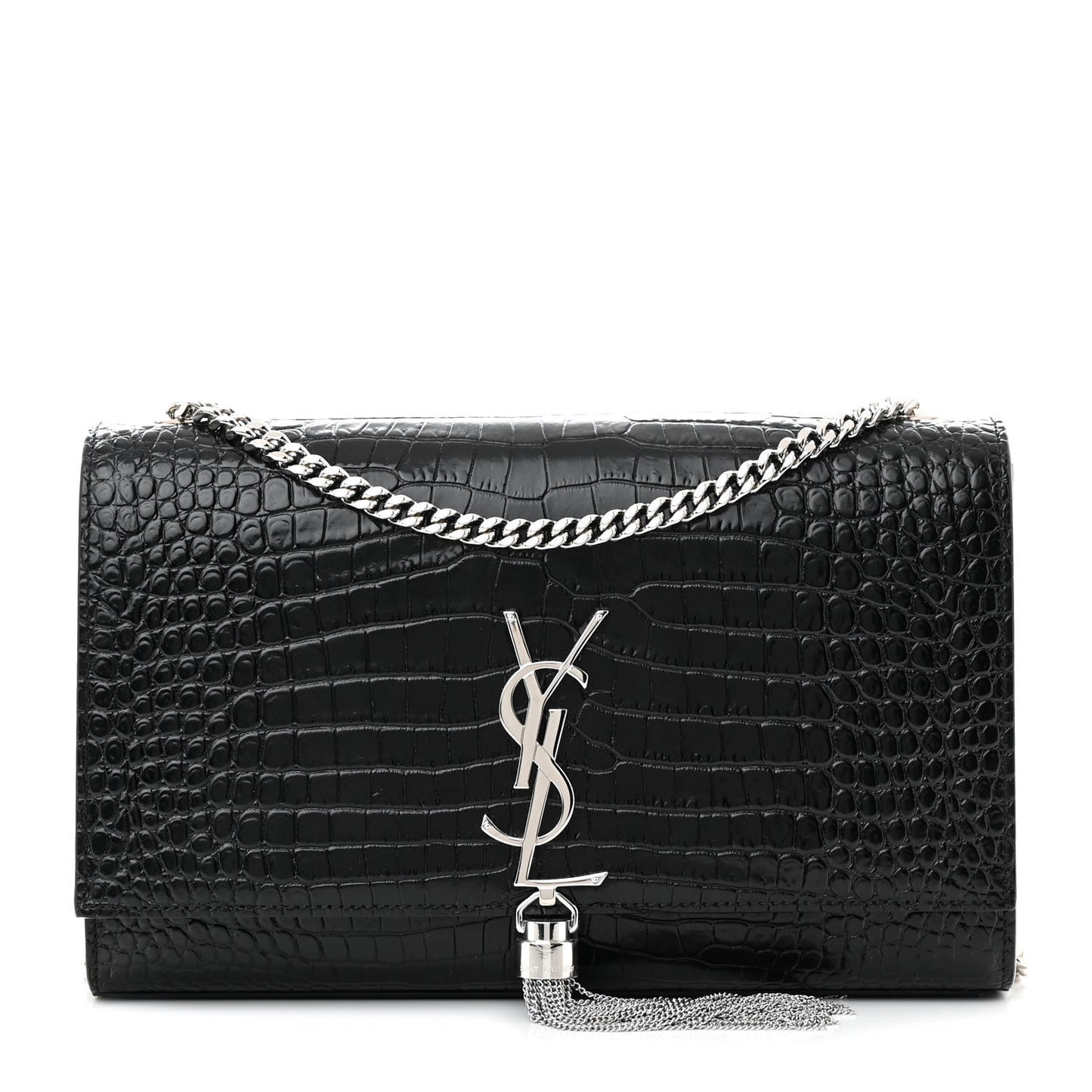 Calfskin Crocodile Embossed Medium Classic Monogram Kate Tassel Satchel Black