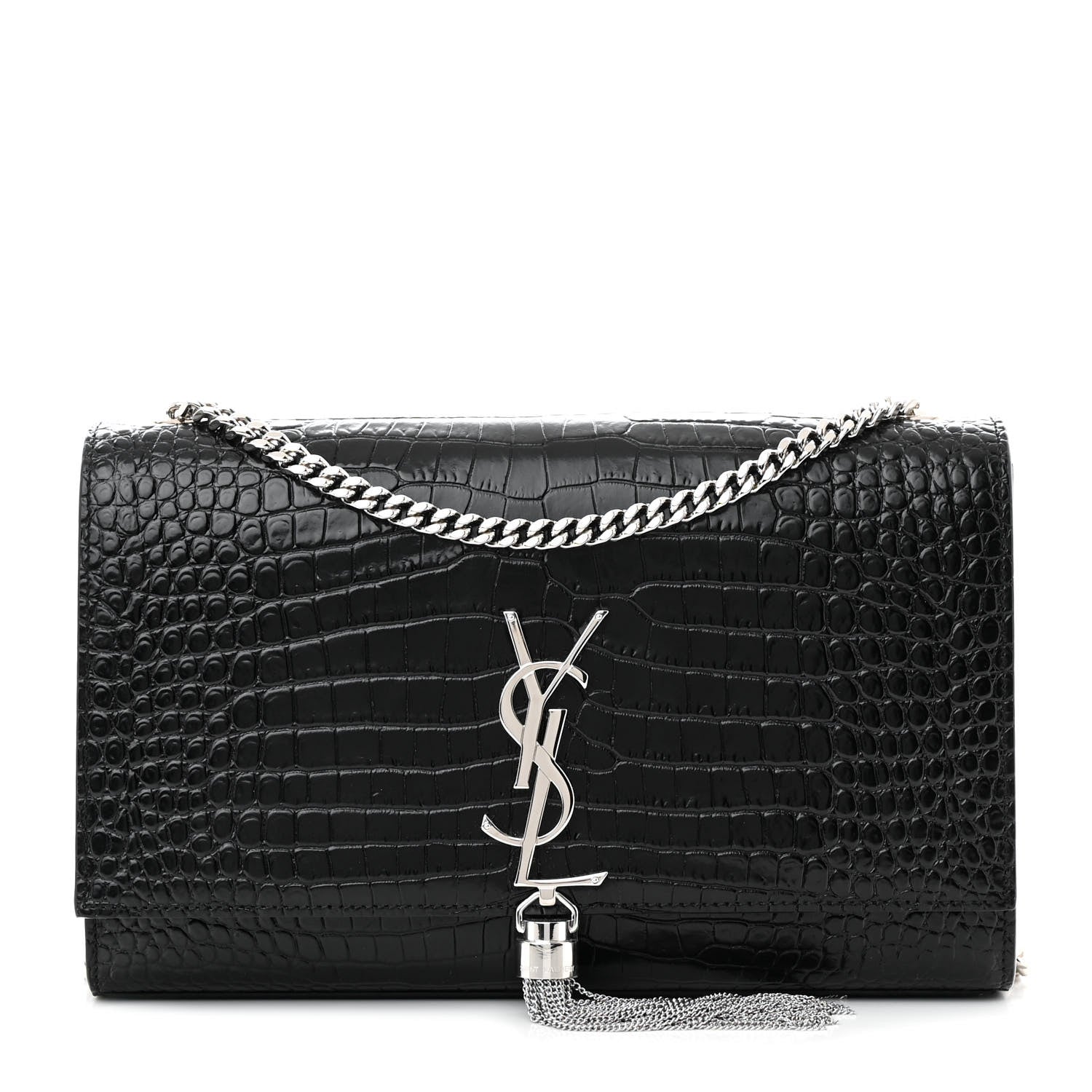 Saint Laurent Calfskin Crocodile Embossed Medium Classic Monogram Kate Tassel Satchel Black 1 of 11