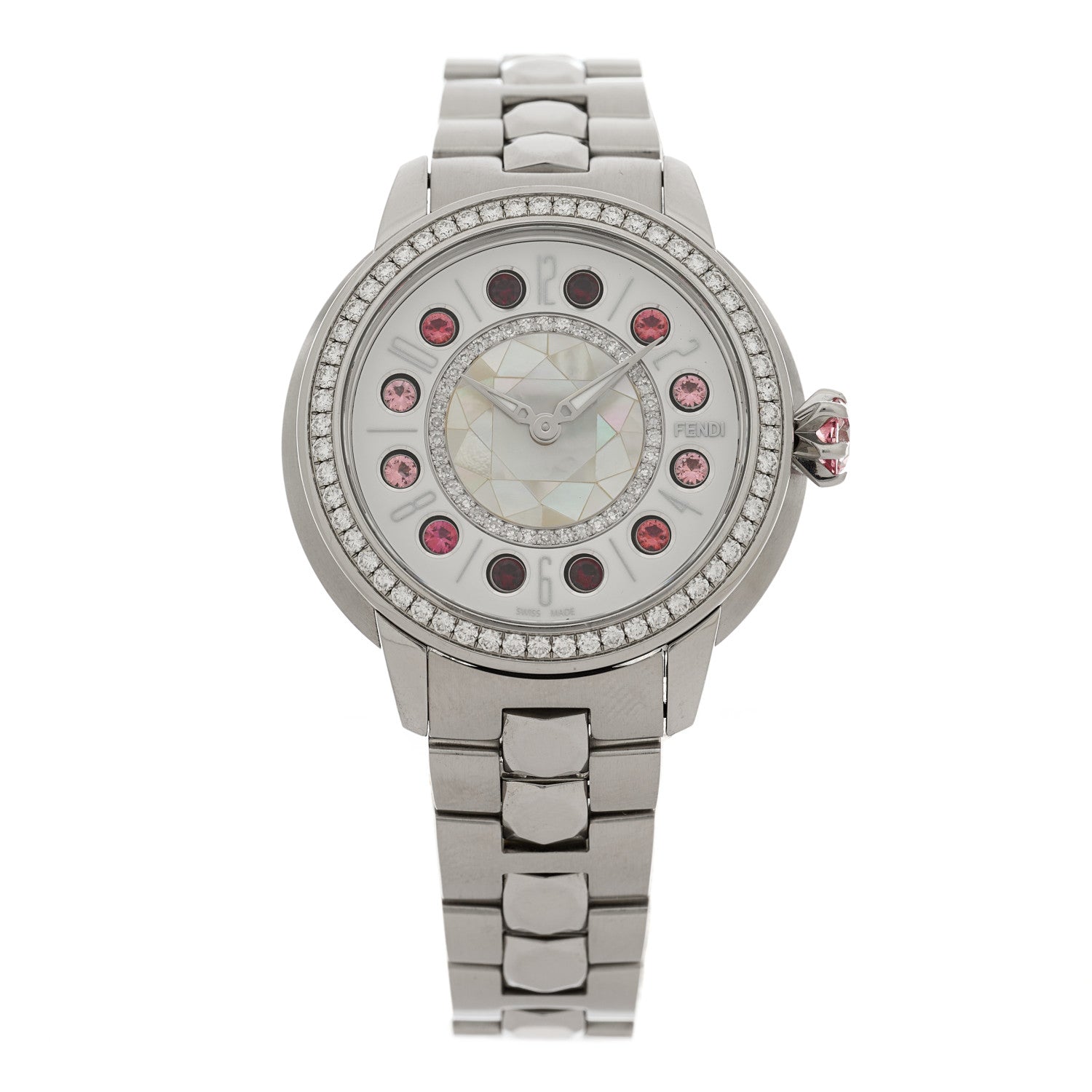 Fendi Stainless Steel Diamond Bezel Mother of Pearl Topaz 34mm Crazy Carats Quartz Watch 1 of 5