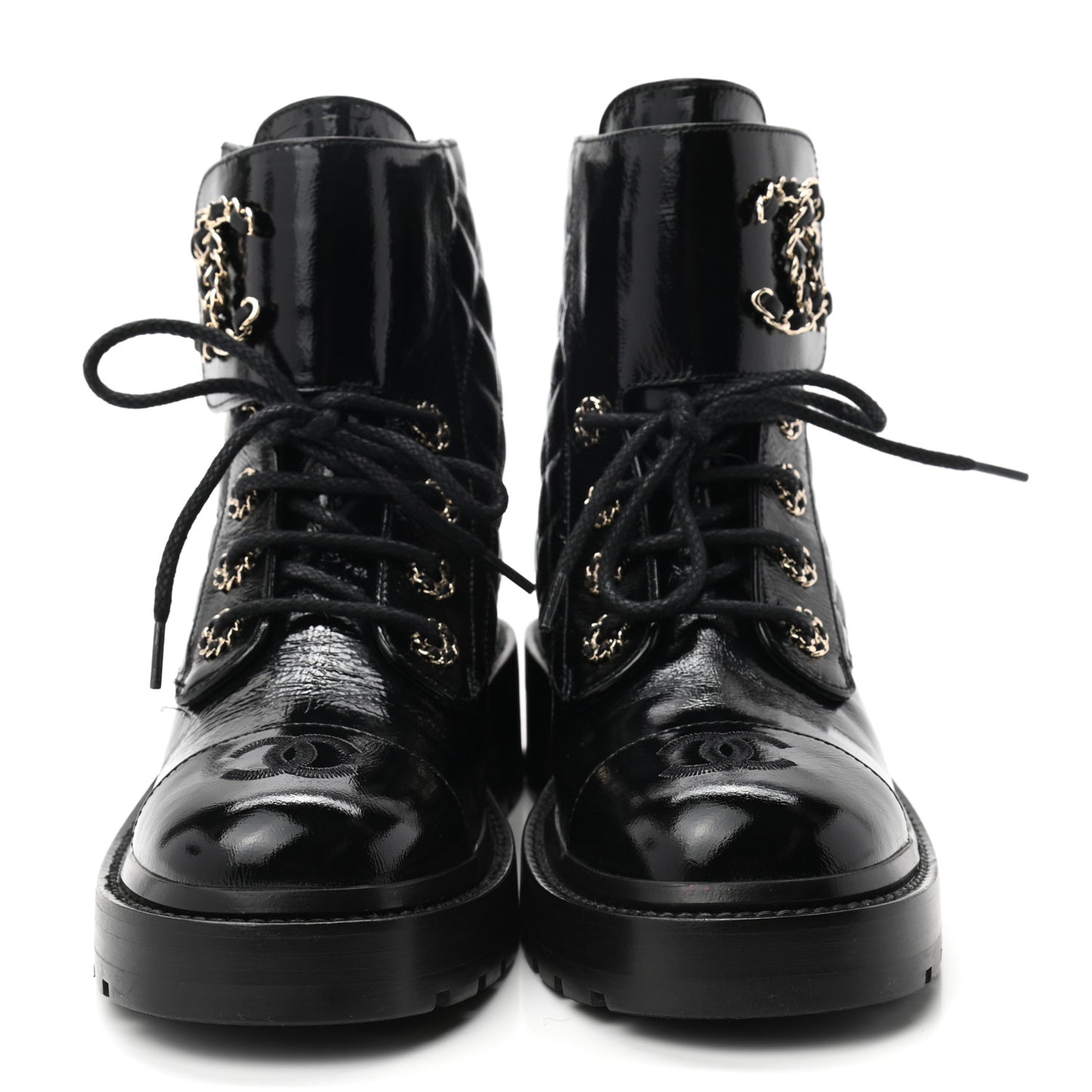 Shiny Calfskin Quilted Lace Up Combat Boots 36.5 Black