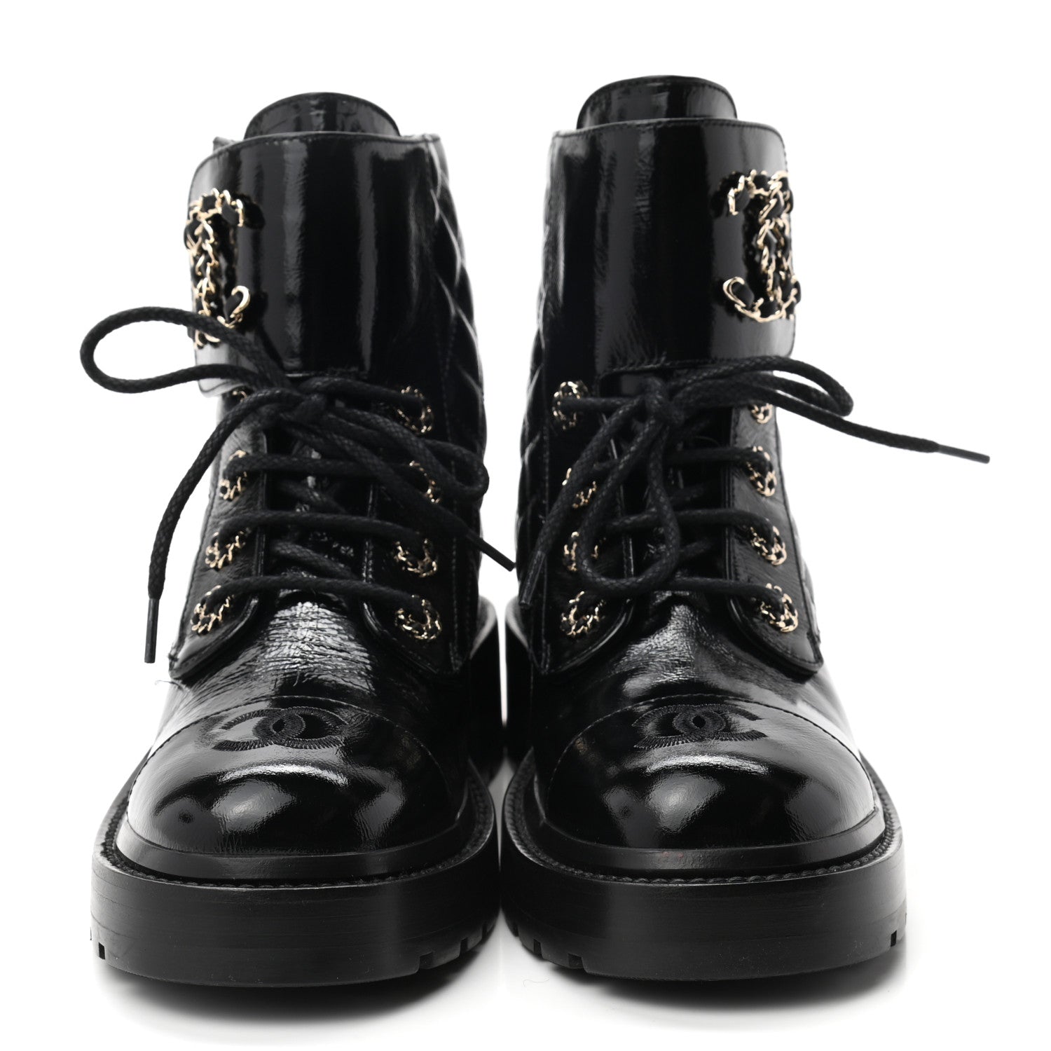 Chanel Shiny Calfskin Quilted Lace Up Combat Boots 36.5 Black 2 of 9