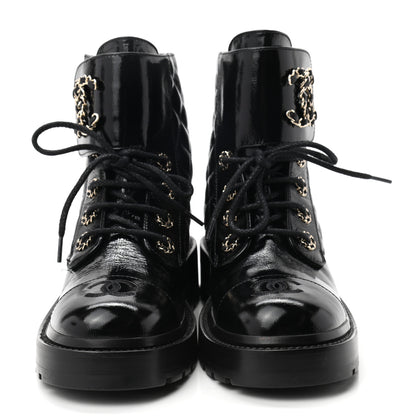 Chanel Shiny Calfskin Quilted Lace Up Combat Boots 36.5 Black 2 of 9
