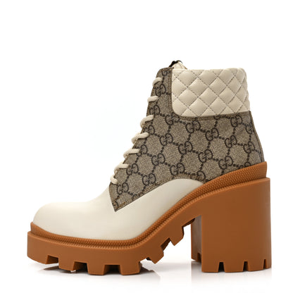 Gucci Calfskin GG Supreme Monogram Nappa Quilted Lace Up Ankle Boots 39.5 Mystic White Beige 1 of 7