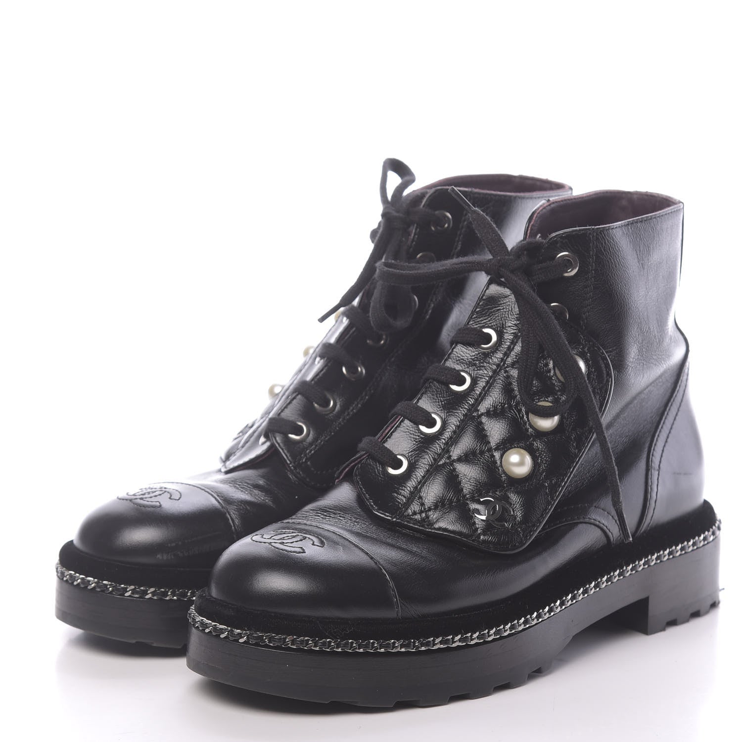 Chanel Crackled Calfskin Velvet Pearl Combat Short Boots 36 Black 3 of 9
