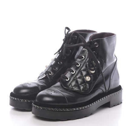 Chanel Crackled Calfskin Velvet Pearl Combat Short Boots 36 Black 3 of 9