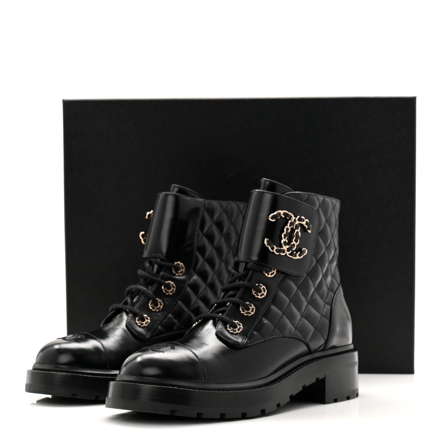 Shiny Calfskin Quilted Lace Up Combat Boots 39 Black