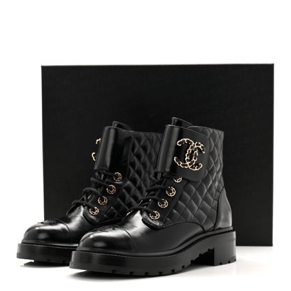 Chanel Shiny Calfskin Quilted Lace Up Combat Boots 39 Black 11 of 11