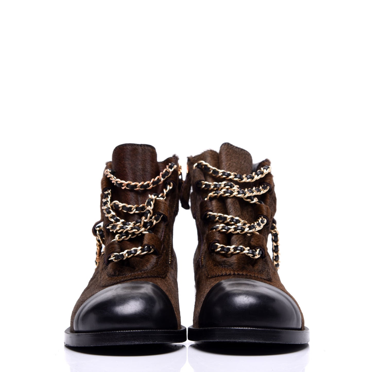 Calfskin Pony Hair CC Charm Chain Cap Toe Short Boots 37 Brown Black