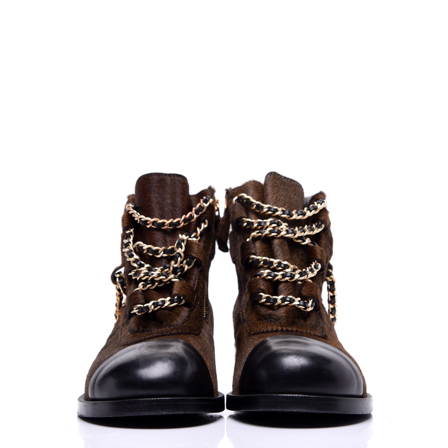 Chanel Calfskin Pony Hair CC Charm Chain Cap Toe Short Boots 37 Brown Black 2 of 8
