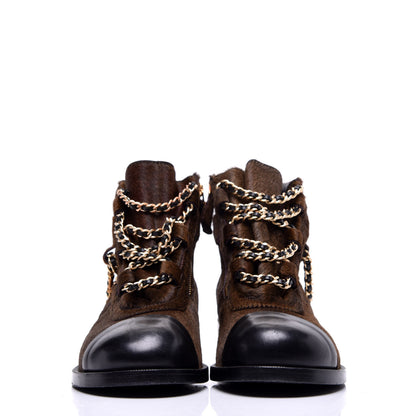 Chanel Calfskin Pony Hair CC Charm Chain Cap Toe Short Boots 37 Brown Black 2 of 8