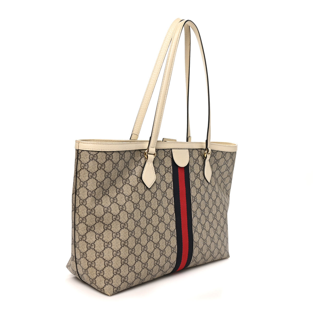 Gucci GG Supreme Monogram Textured Dollar Calfskin Web Medium Ophidia Shopping Tote Beige Ebony Mystic White 2 of 10