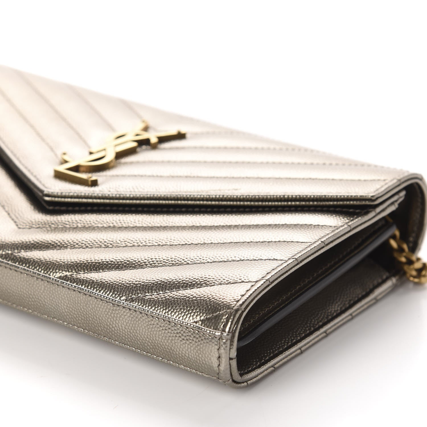 Saint Laurent Metallic Grain De Poudre Matelasse Chevron Monogram Chain Wallet Piombo 7 of 12