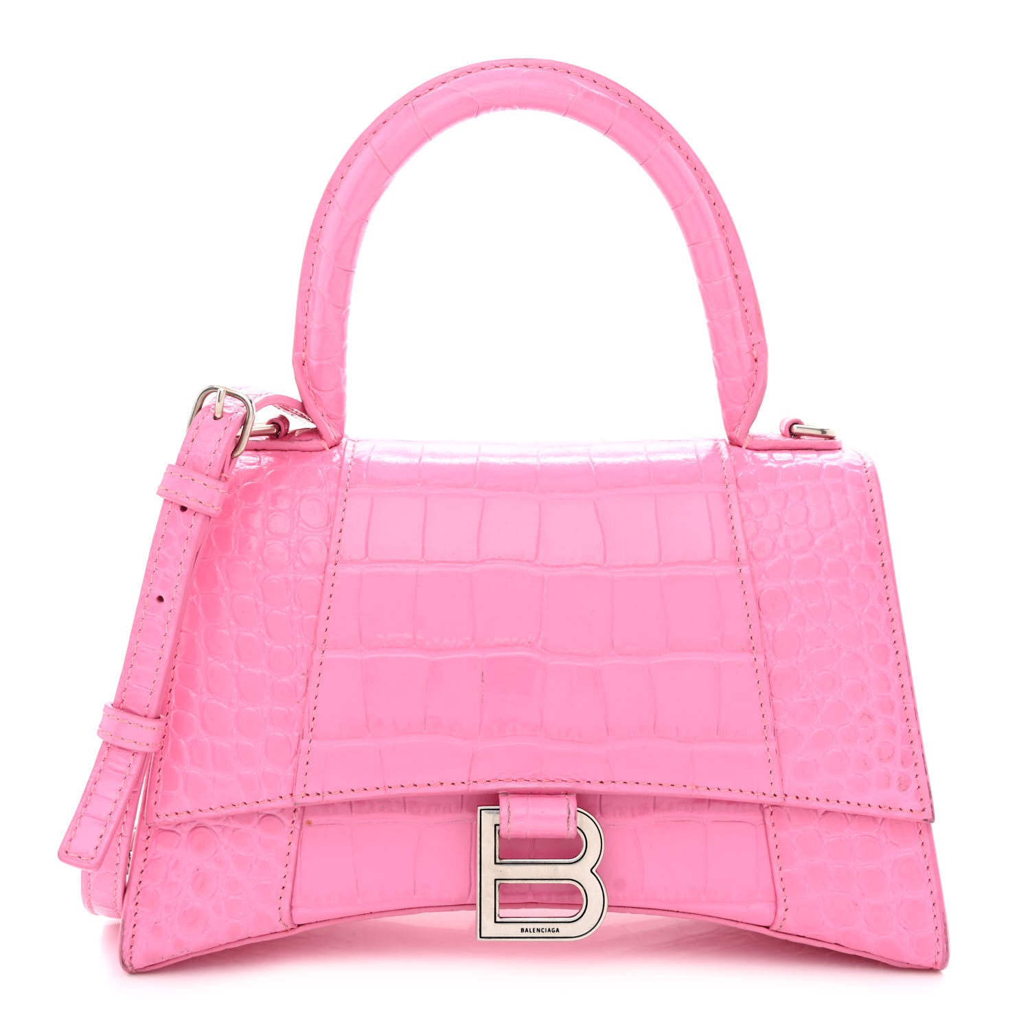 Balenciaga Shiny Calfskin Crocodile Embossed Small Hourglass Top Handle Bag Baby Pink 1 of 13